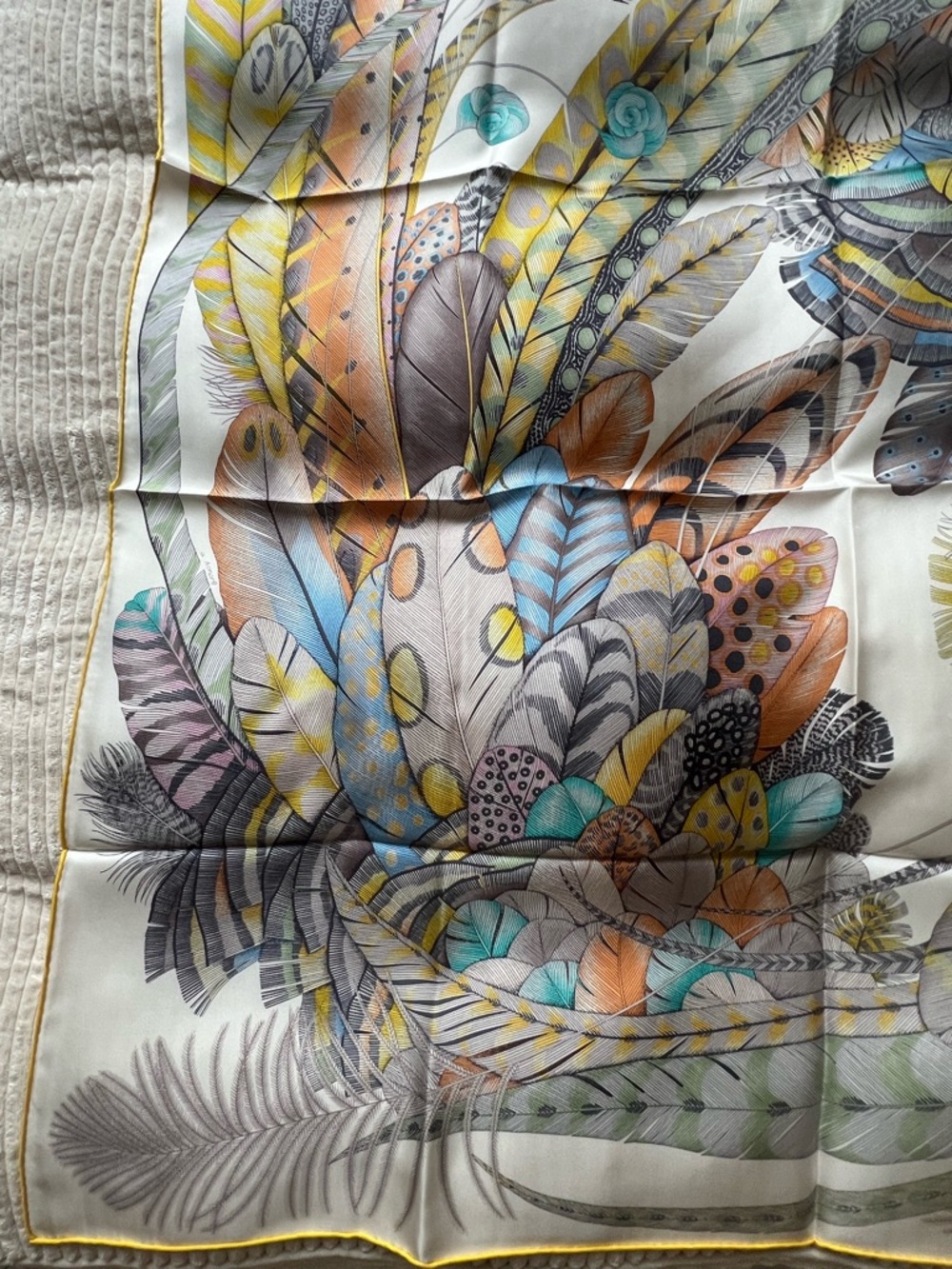 Hermes Plumes en Fete 90cm Silk Feather Print Scarf in Pastel Yellow, Blue, Pink - Picture 10 of 15